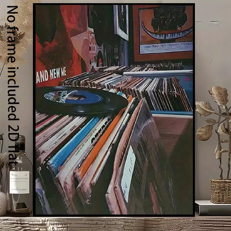 2D Flat, 2D Flat 1pc Decorative Canvas Art - Vintage Record Collection Canvas Painting: The Perfect Combination of Vinyl Records and Art Posters, 2D Flat