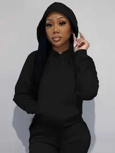 Women's Plain Kangaroo Pocket Drawstring Hoodie, Casual Long Sleeve Drop Shoulder  Hooded Sweatshirt for Fall & Winter, Women's Clothes for Daily Wear