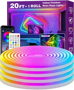 Mothers Day Gifts 20Ft Neon Rope Lights,Flexible Led Rope Lights Control with App/Remote,Multiple Modes Rope Lights,IP65 Outdoor RGB Led Neon Lights Waterproof,Music Sync Gaming Led Neons Light Strip for Bedroom Decor