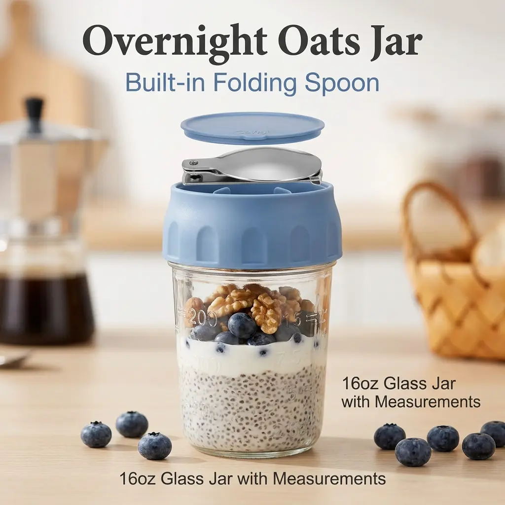 Glass Mason Jar with Lid, Overnight Oats & Smoothie Prep Jar, Airtight Storage Container
