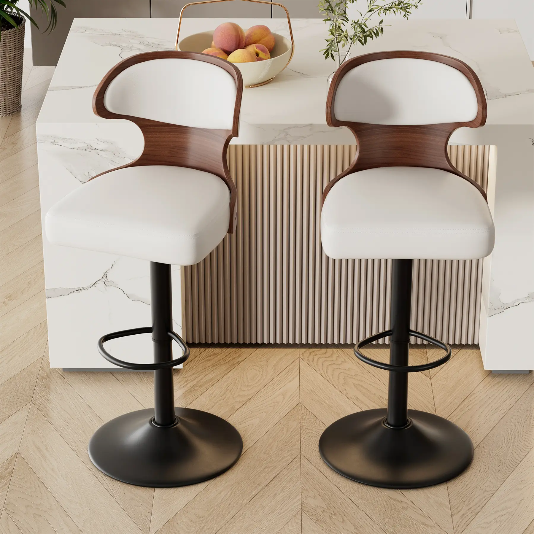 【Deals For You Days】Bar Stools Set of 1/2 , Adjustable Height 24.5-33.5IN - Bentwood Swivel Barstools with Back & Footrest - PU Leather Upholstered Ba