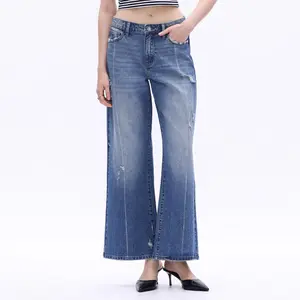 ONESO Women's Vintage High-Waisted Relaxed Straight Bottom Jeans - Medium Wash Wide Leg Denim with Seam Detail, Minimalist Basic for All Seasons, Flattering Casual Street Style with Vintage Vibe, Polyester Blend Fabric