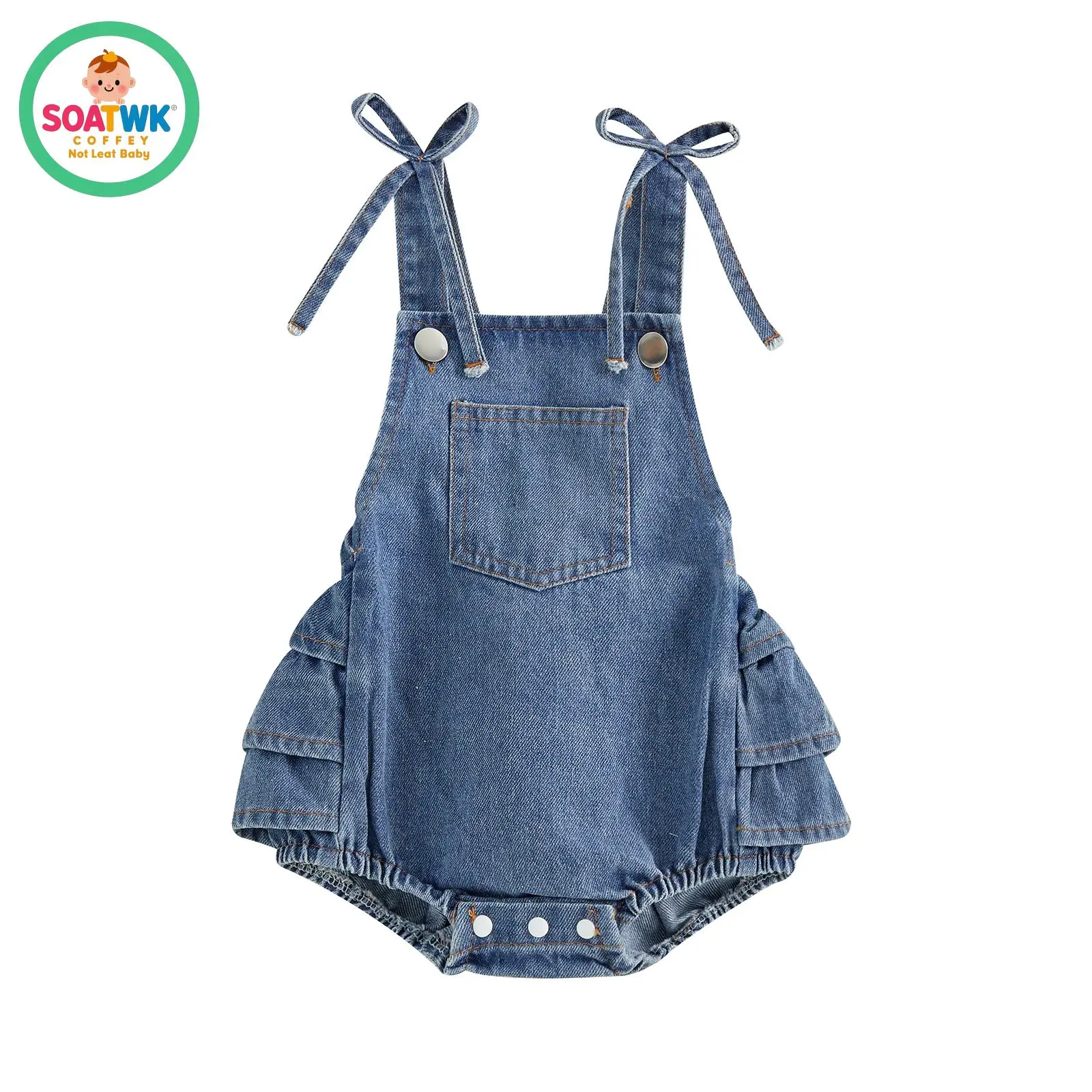Baby Girl Denim Overalls with Bows Layered Ruffled Back Sleeveless Jean Romper Cute Summer Clothes