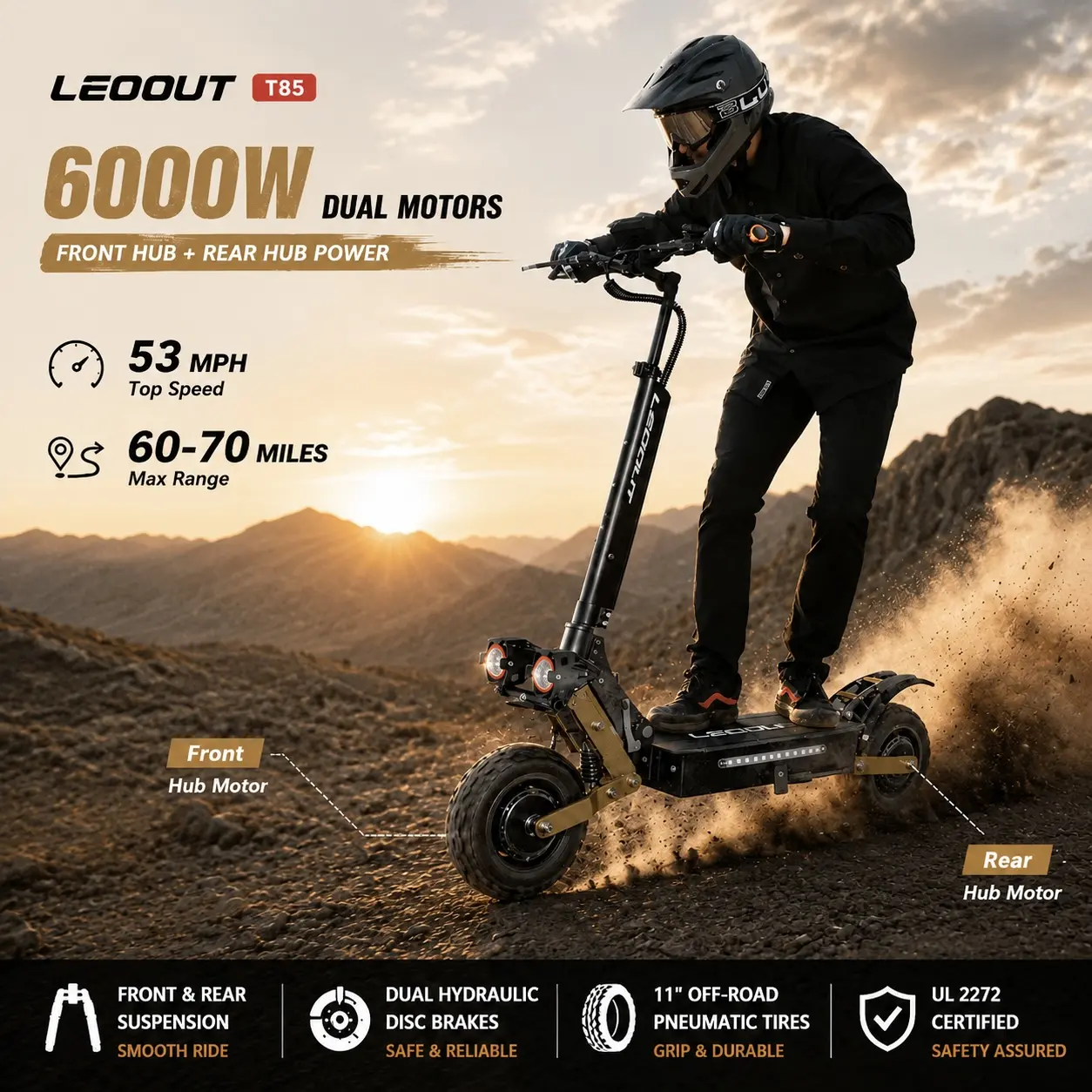 LEOOUT T85 Foldable Electric Scooter for Adults, 6000W Off-Road Motor, 53 MPH & 60 mi Range, Adjustable Commuter with Dual Suspension & 11" Tires, 6000W Motor, Twin Susp., Wide 11" Deck Stand