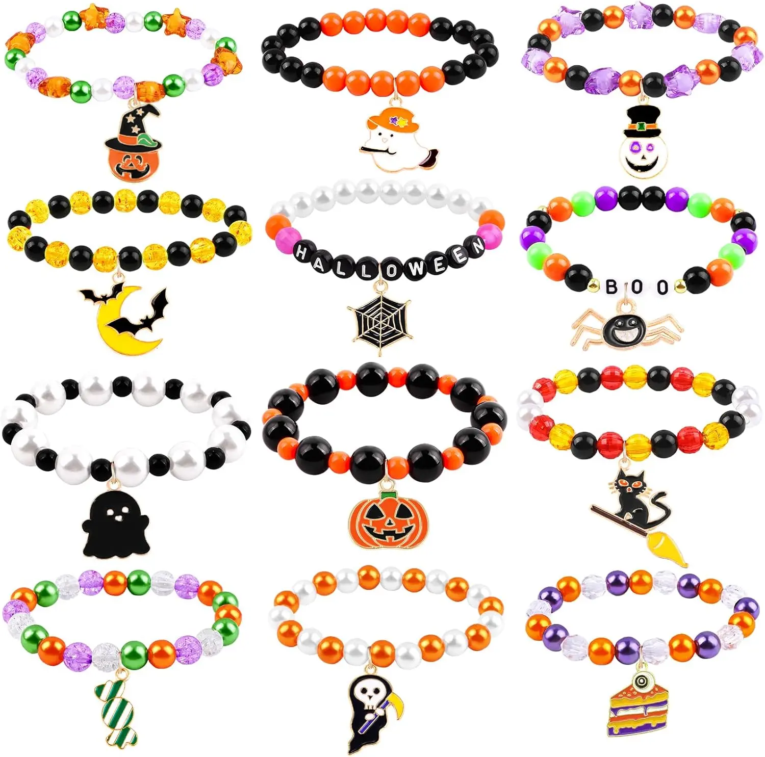 Summer Gift 12pcs Halloween Bracelets for Kids, Halloween Party Favors Bead Bracelets and Charms Set Trick or Treat for Boys Girls Halloween Goodie Bag Fillers