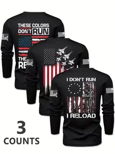 Men's 3-Pack Long Sleeve T-Shirts, Fitted | Patriotic USA Flag Military Graphic Tees | "These Colors Don't Run" 1776 Shirts | Tactical Vintage American Flag Long Sleeve Tops | Black Casual Streetwear Outfits for 4th of July