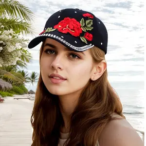 Breathable Cotton Embroidered Baseball Cap with Red Rose Design and Rhinestone Accents for Women