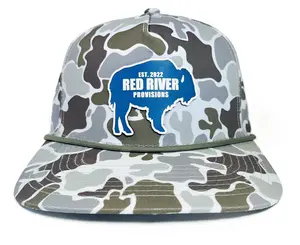 RED RIVER CAMO BISON ROPE HAT - Duck Camo with Olive Rope Trim & Blue Bison Patch - Waterproof Performance Fabric - Adjustable Snapback