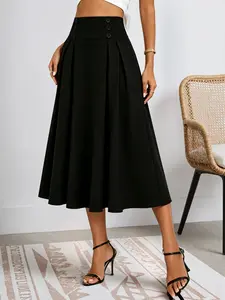 Women's High-Waisted A-Line Midi Skirt, Vintage Casual Style, Breathable Summer Commute, Loose-Fitting, All Seasons