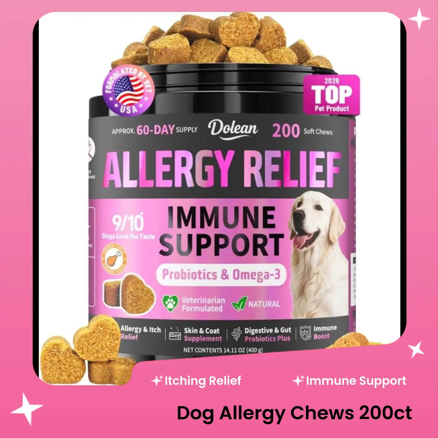 Chicken Flavor Dog Allergy Relief Chews (200ct) - Colostrum & Probiotics for Itching Skin, Immune Support - Pet Multivitamin Supplement for Paw Licking, Seasonal Allergies