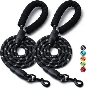 2 Pack Dog Leash, 5 FT Heavy Duty Nylon Rope Pet Leashes with Comfortable Padded Handle, Reflective Dog Leashes for Small Medium and Large Dogs (5FT-1/2,Black/Black)