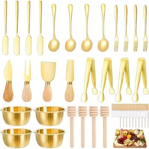 48 Pieces Charcuterie Board Accessories Cheese Butter Spreader Knife Set, Stainless Steel Mini Serving Tongs Spoons Forks Dipping Bowls Honey Dipper Toothpick Flags Utensils for Party Wedding