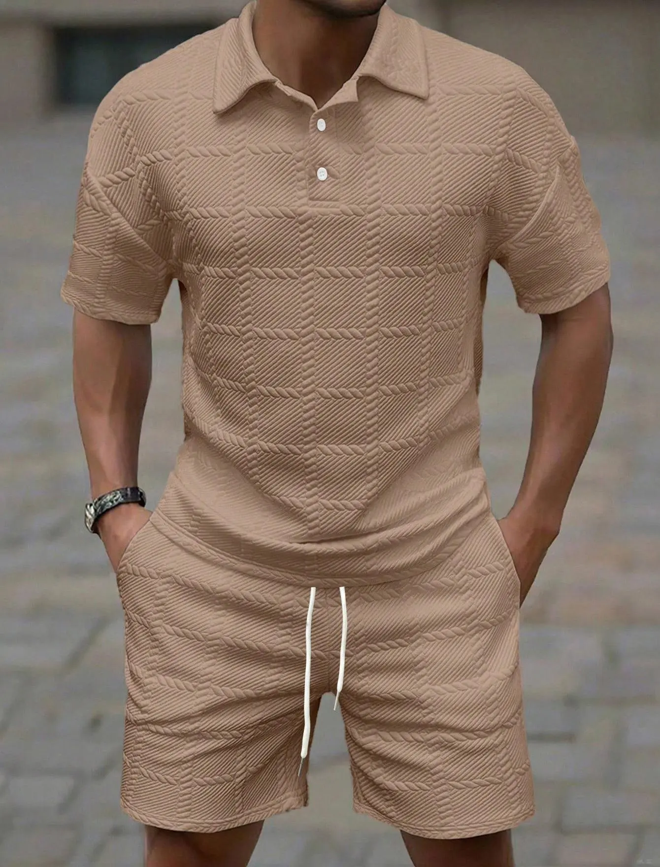 KZZ Men's Plain 2-Piece Matching Set, Casual Short-Sleeve Shirt and Shorts, Summer Tropical Resort Wear, Matching Sets, Menswear, Resort Wear Set
