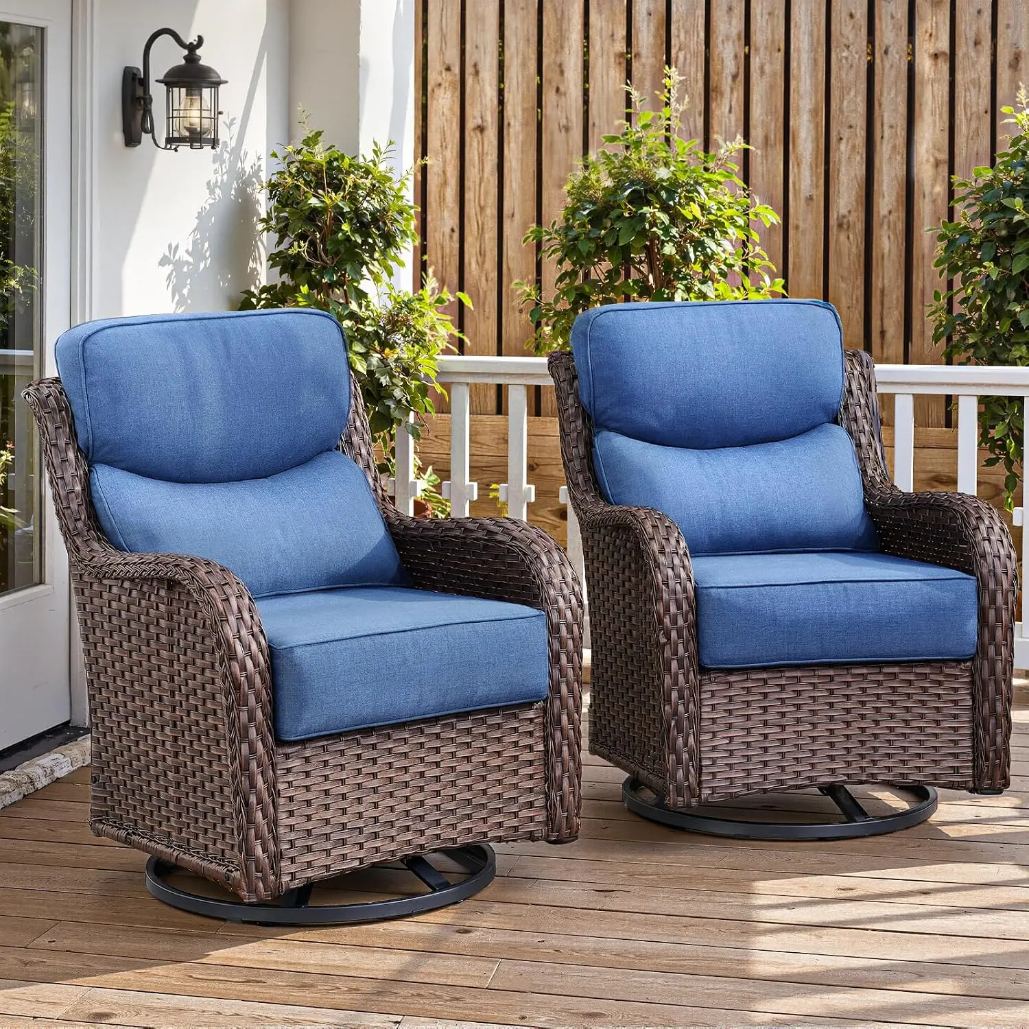 Luxury 6" Thick Cushioned Outdoor Swivel Rocker Patio Chairs of 2, High Back Wicker Patio Furniture Set with Ergonomic Zone Back, Conversation Glider Set for Deck Porch - Brown Wicker and Blue Cushion, NT Series