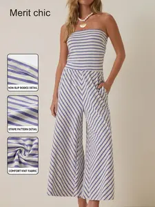Women's Aesthetic Chic Strapless Sleeveless Lightweight Stripe Wide-Leg Jumpsuit with Pockets - Summer Casual Beach Resort Outfit for Vacation Brunch