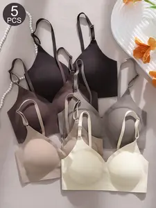 5Pcs Women's Comfortable Daily Sports Bra Set, No Steel Cup Design, Medium Support, Slim Fit, All-Season Wear, Plain Pattern, Buckleless Closure