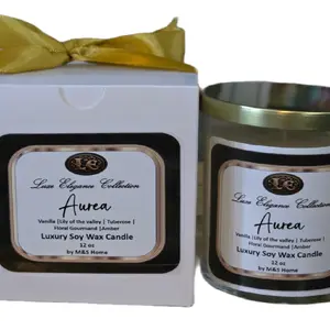 M&S Home Luxe Elegance Collection Aurea (Asian Garden)  Luxury Hotel Scented Soy Wax Candle 12 oz with Gold Lid & Elegant Label Design . Glass Jar, Gift box with satin gold ribbon sy candles