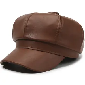 Autumn And Winter Women'S Hat Fashion Leather Octagonal Ladies Fashion Hat Painter Hat Beret Solid Color Duckbill Hat