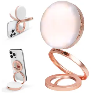 Foldable Magnetic Ring Light with Mirror, 126 LEDs Selfie Light for iPhone MagSafe, 3000-7000K Adjustable Color, 3-in-1  Phone Light for Take Photos/Video/Makeup, Rose Gold Metal, Gifts for Women