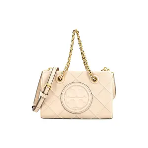 Tory Burch Fleming Mini Tote Bag in Cream White with Embossed Logo and Chain Strap