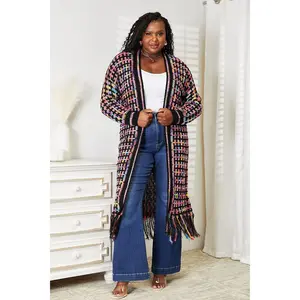 Full Size Multicolored Open Front Fringe Hem Cardigan