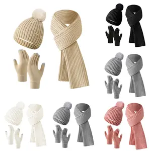 Warm Winter Accessories Set for Women – Fashionable Beanie, Scarf & Gloves, Soft Knitted Cozy Set for Cold Weather, Black and Beige Colors