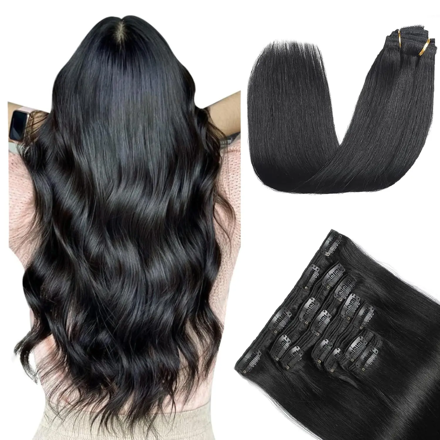 Straight Clip In Hair Extensions 100% Remy Human Hair 120g 7pcs Double Weft Invisible Seamless 12-24 Inch Natural Black Gift For GF