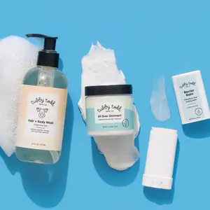 Barrier Bundle - Baby and kids care routine for sensitive skin to repair and protect skin's moisture barrier with three products: All Over Ointment Eczema Treatment, Hair + Body Wash, and Barrier Balm stick. Moisturize, hydrate, soothe, and cleanse