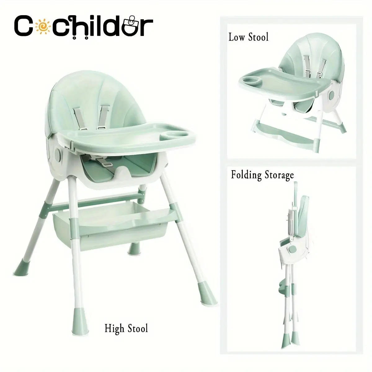 Cochildor Kids Dining Chair, Multifunctional Dining Chair -5-point safety harness，foldable high chair，convertible high chair，removable tray Adjustable
