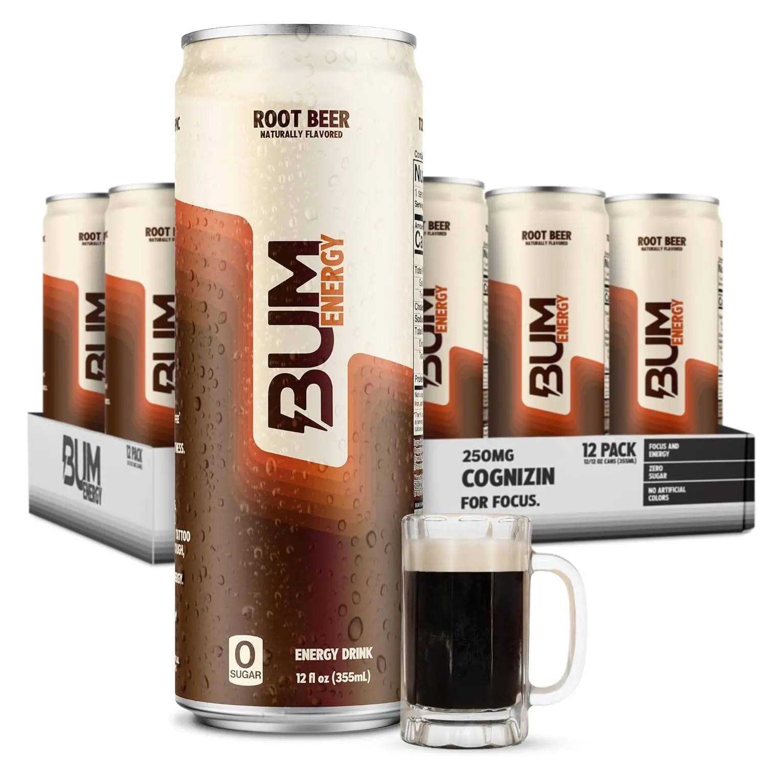 BUM Sugar-Free Energy Drink, 6 and 12 PACK - Lightly Carbonated & No Artificial Colors, Natural Caffeine & Citicoline for Energy & Focus, Brain Boost & Workout Sports Beverage - 12 oz, Pack of 12 and 6 with Bum Energy