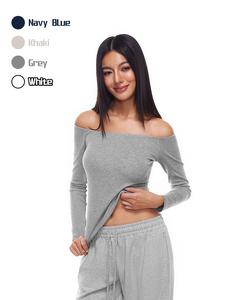 Soft Stretch Long Sleeve Tee Athleisure Off-Shoulder & Boat Neck Tops FDR for Women | Skin-Friendly Knitwear in Black, Grey, Navy Blue, Khaki, White | Fall Layering Essential for Casual Outings Womenswear #Fallfreshness Style Basic