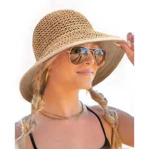 Summer Straw Beach Sun Hats for Women UPF 50 Floppy Wide Brim Travel Bucket Hat Foldable Packable