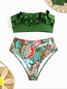Two-Piece Set Women's Floral Print Ruffle Bandeau Bra & High Waist Panty Bikini Set, Casual Two-piece Set for Summer, Ladies Swimwear for Beach Holiday Vacation, Tropical Print Bikinis