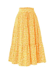 Women's Layered Flowy Floral Print Skirt with Elastic Waist, Pleats, and Pockets
