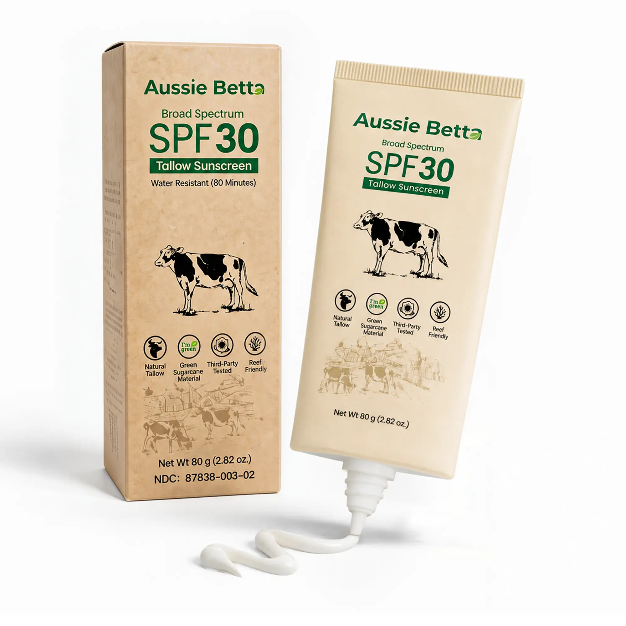 Aussie Betta SPF 30 Mineral Tallow Sunscreen for Face & Body – Broad Spectrum Zinc Oxide & Titanium Dioxide, Reef-Friendly, Suitable for Sensitive Skin, Lightweight Cooling Feel, Moisturizing, Minimal White Cast, Water Resistant 80 Minutes