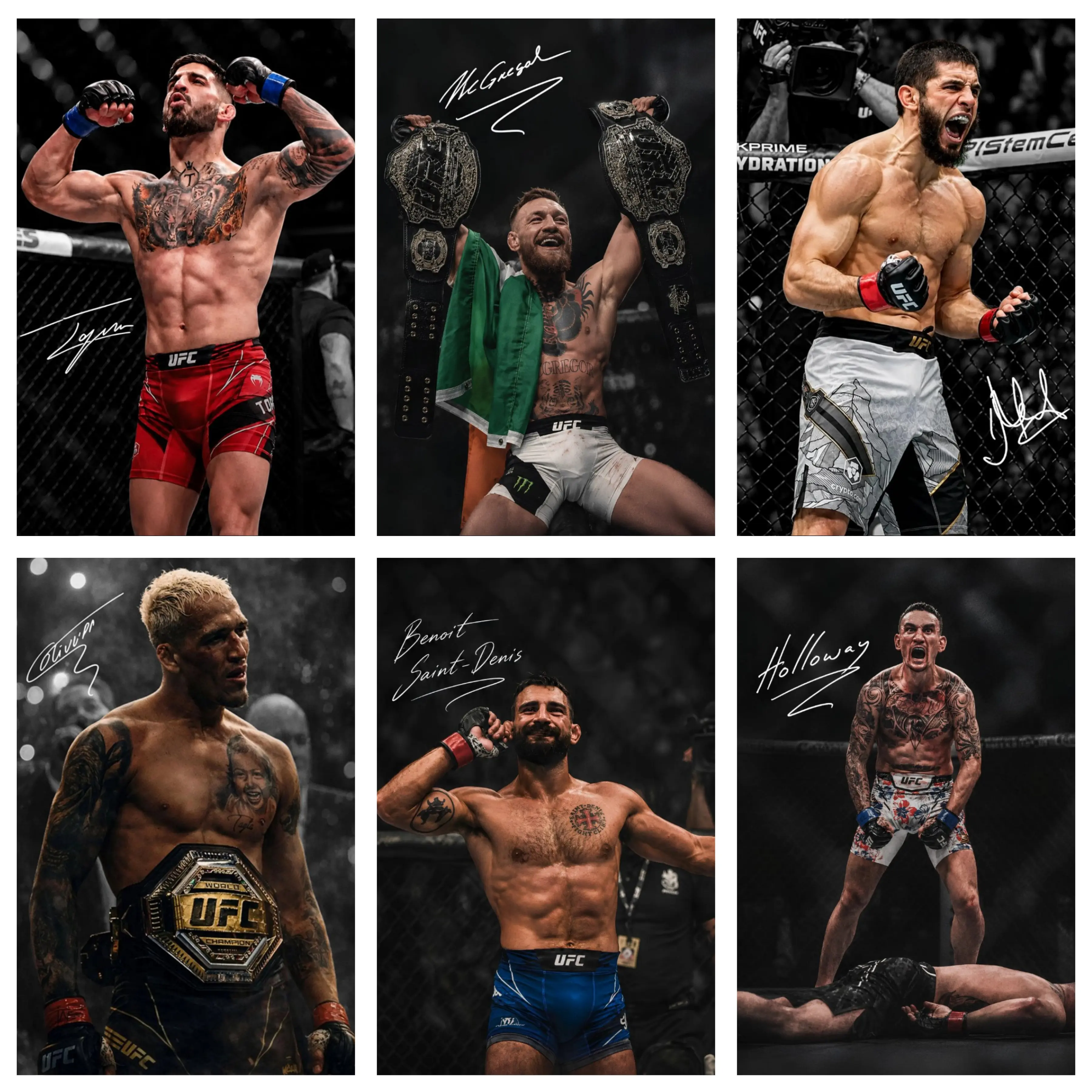 UFC Legends Canvas Wall Art Set, Conor McGregor, Ilia Topuria, Makhachev, Charles Oliveira, Benoit Saint-Denis, Max Holloway Signed Print Poster, MMA Fighter Combo Decor Gift For Fight Sports Fans