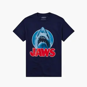 Classic Jaws Movie Poster Graphic T-Shirt, Iconic Horror Film Shark Teeth Logo Tee, Vintage Jaws Shark Teeth Shirt