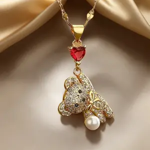 1pc Adorable Bear Pendant Necklace with Synthetic Zirconia and 18K Golden Plated, Heart-Shaped Charm, Elegant Jewelry for Daily and Banquet Occasions - All Seasons Compatible