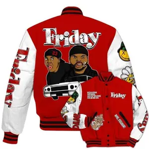 OG Fire Red Edition Varsity Jacket, Retro Friday Inspired Full-Print Bomber, Stylish Urban Streetwear Pick for Men and Women