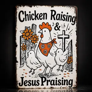Chicken Raising & Jesus Praising Metal Sign – Funny Farmhouse Chicken Tin Sign, Rustic Country Hen Wall Decor for Coop, Barn, Kitchen, Christian Gift 8x12 Inch outdoorfun Decorative Plaque Aluminium Iron Sign