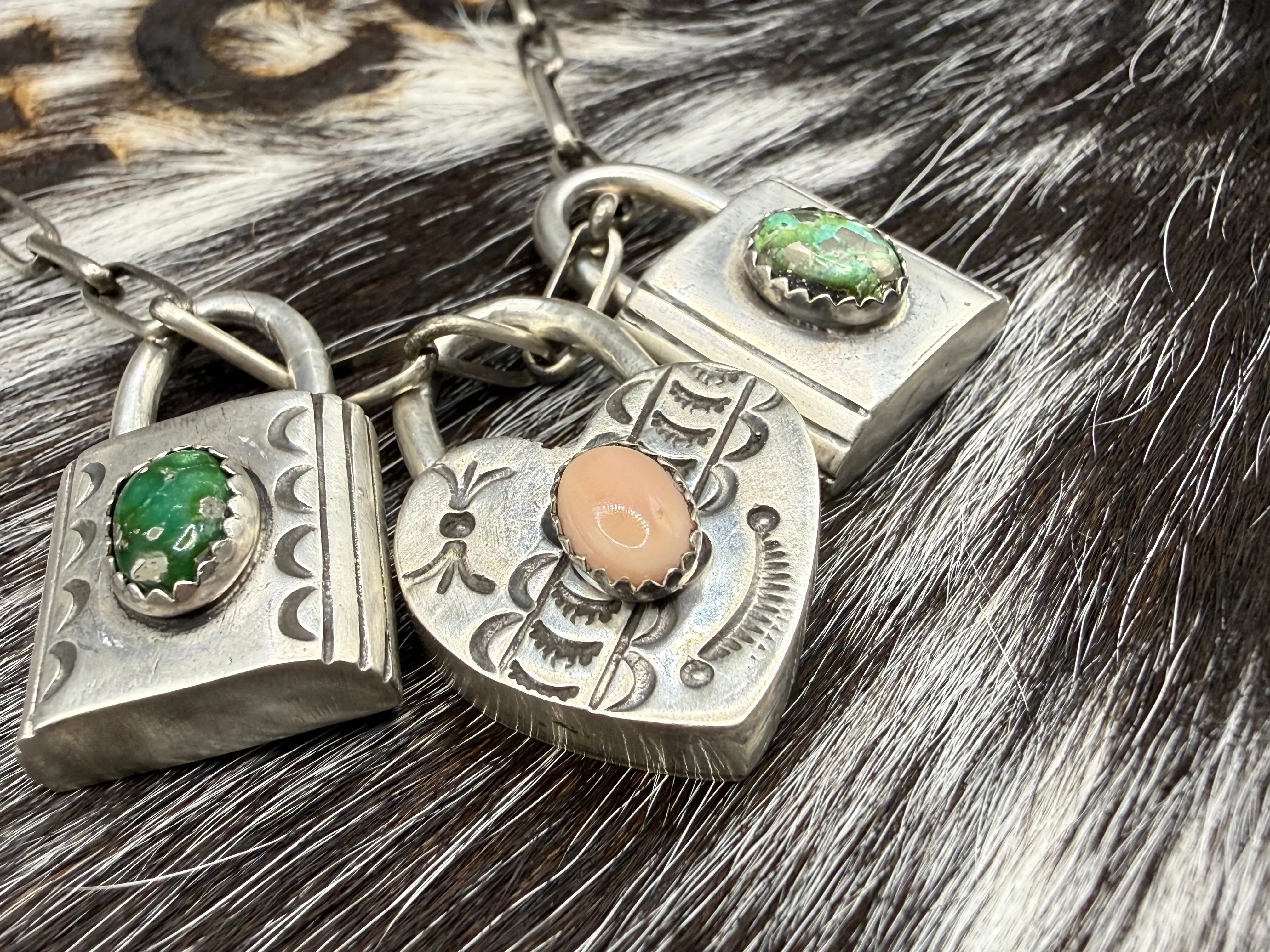 Handcrafted Symbolic Navajo Silver Lock Necklace Charm Pendant for Adults, Available in Turquoise or Pink Conch