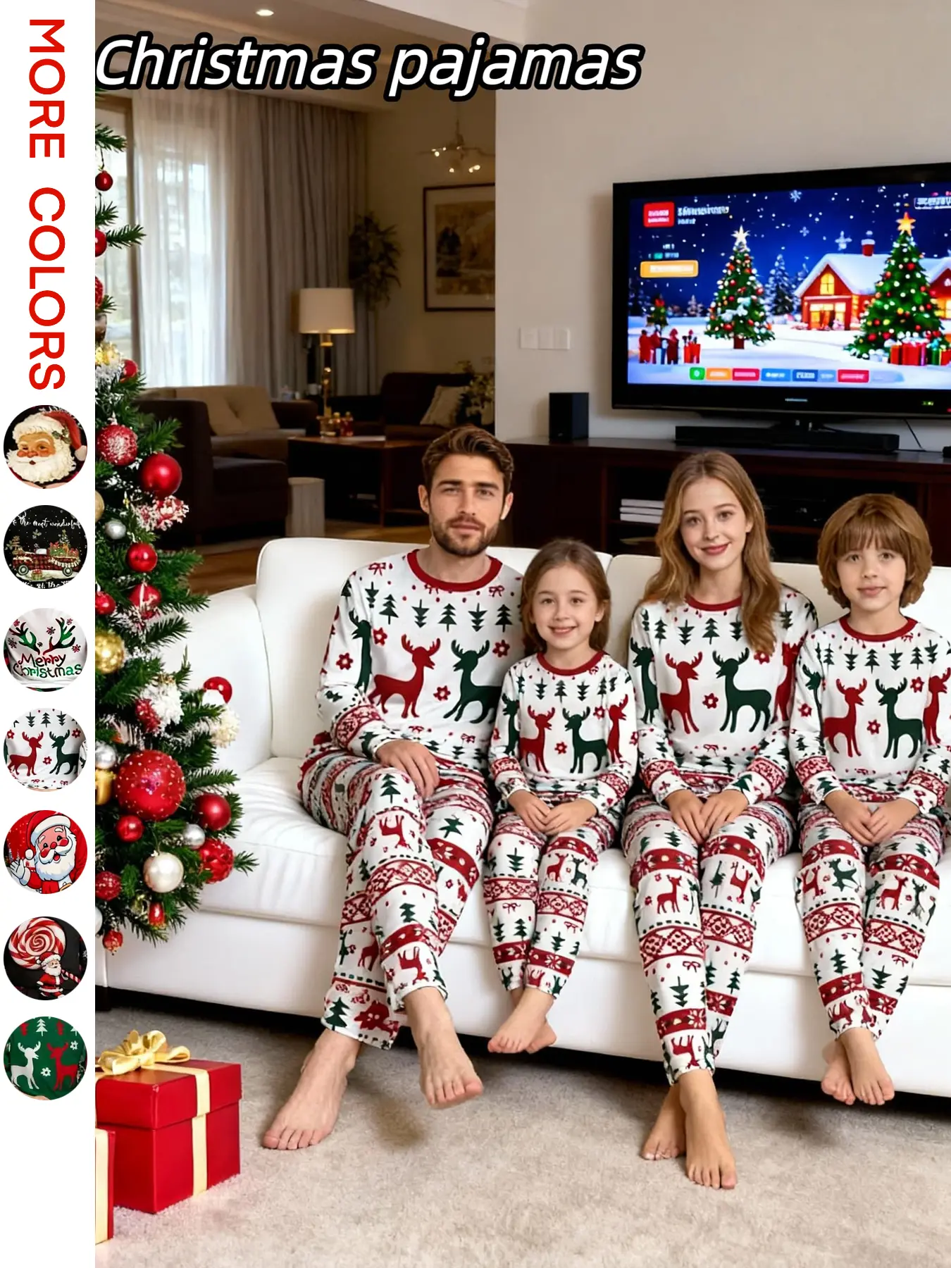 Family Pajama Set for All Ages, Cartoon Floral Top & Striped Plaid Bottoms, Casual Fitted Sleepwear for Men Women Kids