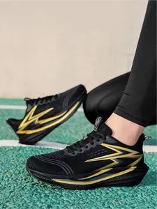 Unisex Black-Gold Carbon Plate Trendy Sneakers, Streamline Color-Block Personalized Design, Thick Sole Height Increase for Slim Legs, Lightweight Soft & Burden-Free, Perfect for daily streetwear, trendy outfits, campus commuting, Fashionable Sneakers