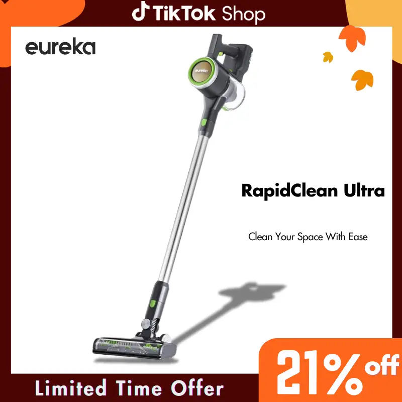 Eureka RapidClean Ultra Cordless Stick Vacuum Cleaner with LED Headlights, 300W Motor, 40 Min Runtime, 5-Stage Cyclone Filtration, Moss Green, TikTokS