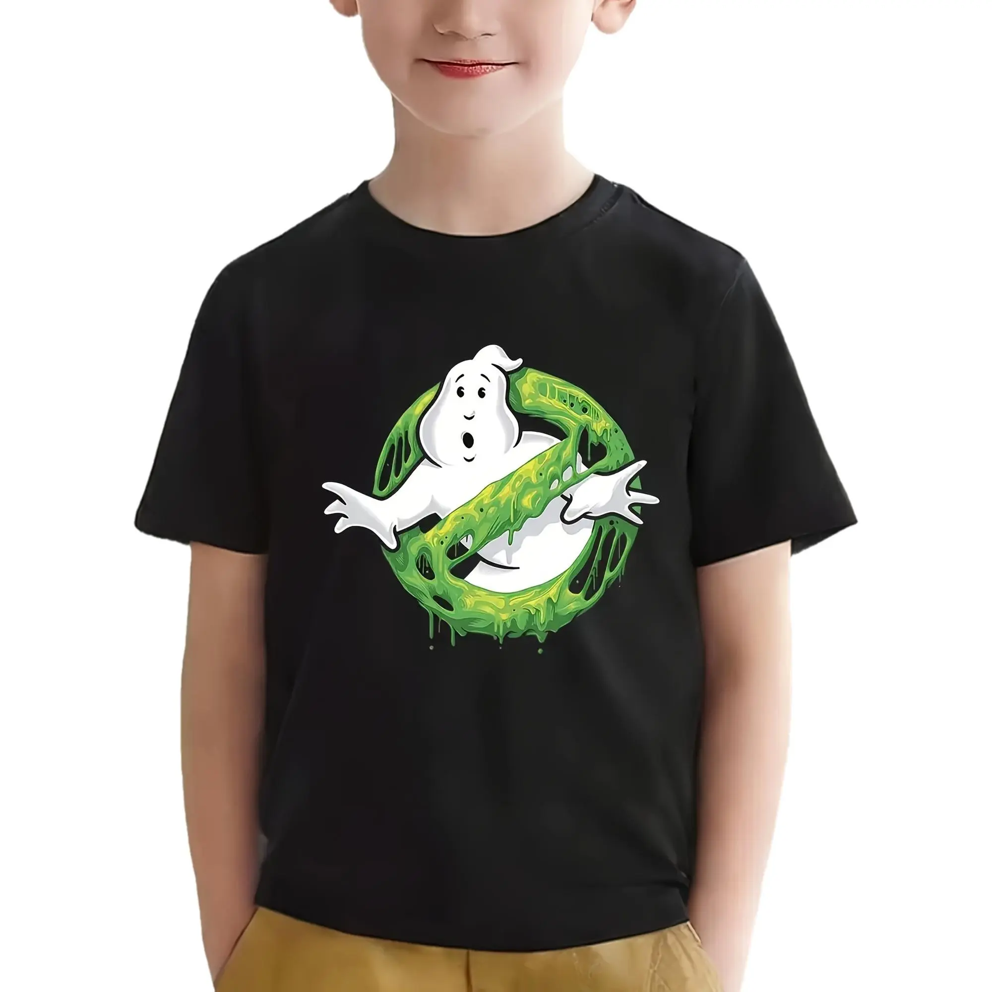 Boys' Retro Ghostbusters Minimalist Graphic T-Shirt - 100% Cotton Clothing, Short-Sleeve Crew Neck, Slime Random Print, Sweet Casual Street Style, Athletic Regular Fit, Spring Summer, 10-11Y/11-12Y