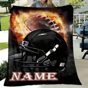 1pc Custom Text Rugby Hat Print Flannel Blanket, Personalized Soft Warm Digital Print Flannel Throw for Sofa, Bed, Travel, Camping, Living Room, Office - Machine Washable, Modern Style, All-Season Multipurpose