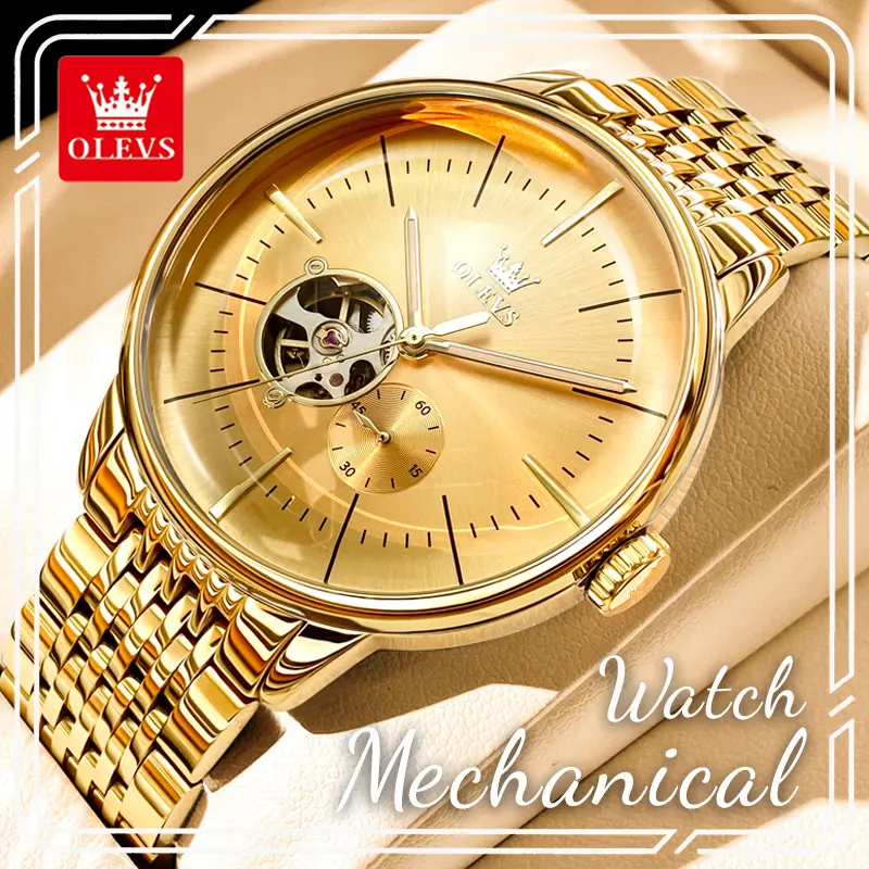 OLEVS 6708 Automatic Mechanical Watch, Minimalist Hollow Skeleton Round Dial Stainless Steel Bracelet Business Dress Wristwatch with Luminous Hands, 3ATM Water Resistant Self Winding Premium Watch, Ideal Birthday Anniversary Gift For Husband Boyfriend