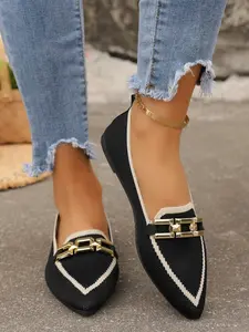 New Flyknit Metal Buckle Pointed Toe Flat Shoe, Breathable Soft Textile Upper, Non-Slip Rubber Sole, Casual All Season Footwear, Fashionable Loafers