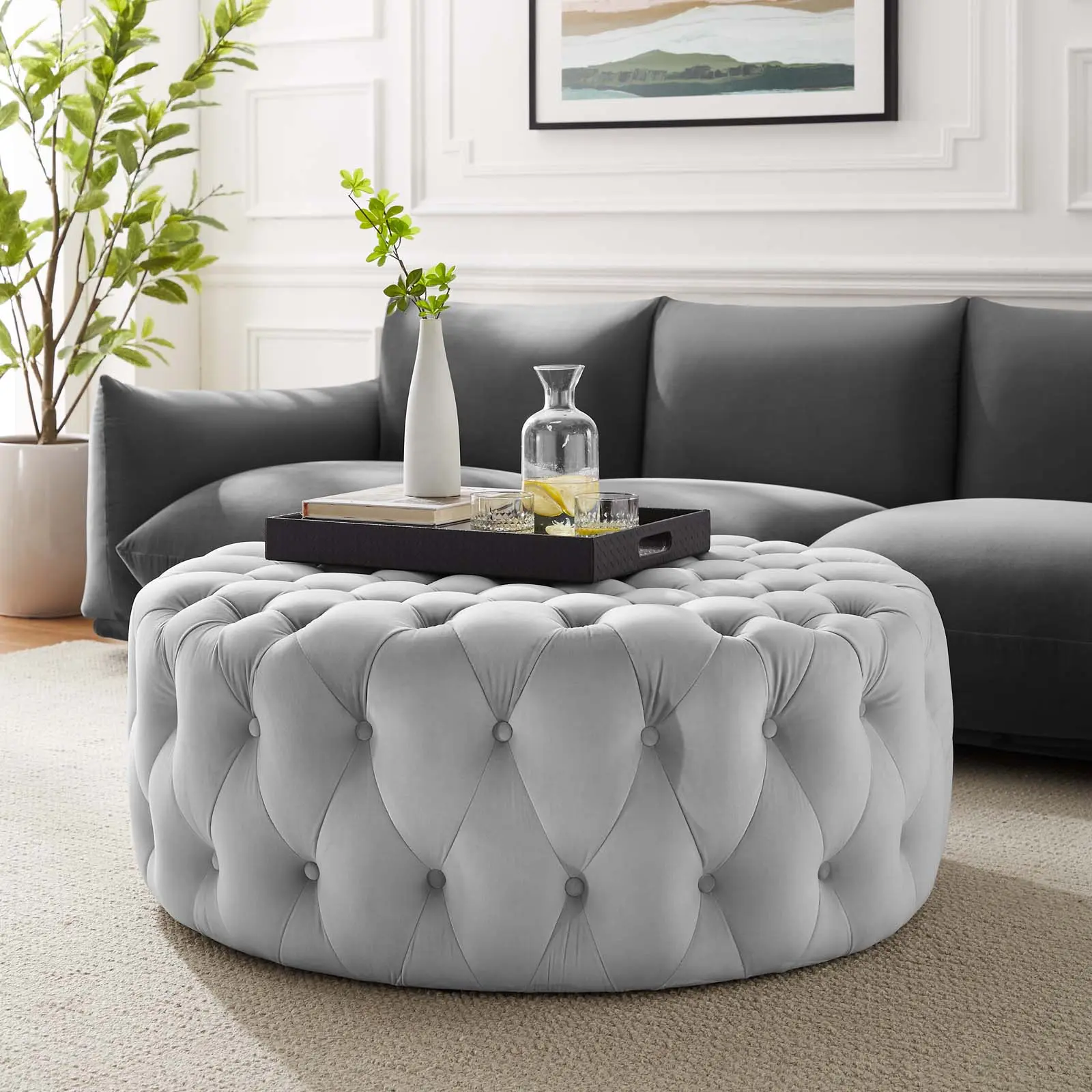 Modway Amour Tufted Upholstered Ottoman - Large Round Soft Padded Footstool, Performance Velvet, Light Gray Indoor Furniture Stool