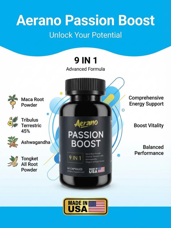 6 Bottles of Aerano Passion Boost 9 in 1 Capsules - Ginseng Ashwagandha Ginkgo & Tribulus Herbal Supplement for Energy Stamina & Brain Health Made in USA GMP Certified HACCP Compliant Lab Tested
